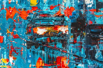 Close-up of a textured Paul Kenton painting — a yellow taxi against a deep blue background, with red and yellow paint splatters and dark blue-black patches