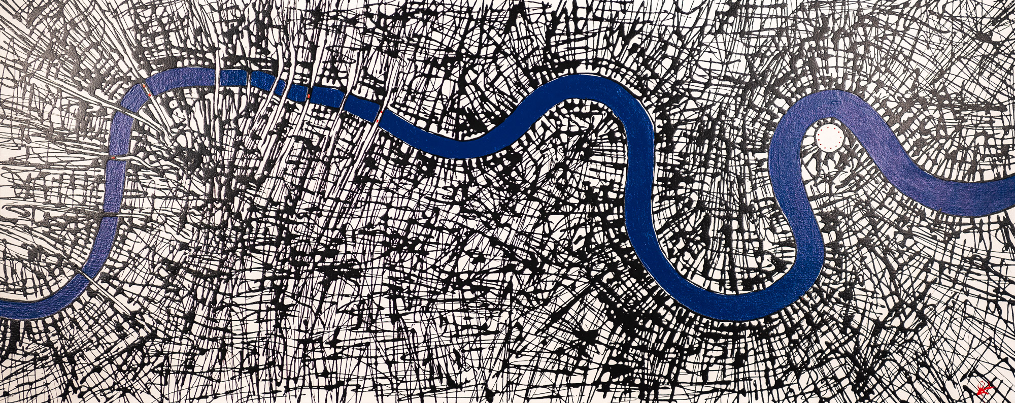 London Current by Paul Kenton, UK Contemporary artist, a River Thames arial view original painting from his London Art Collection