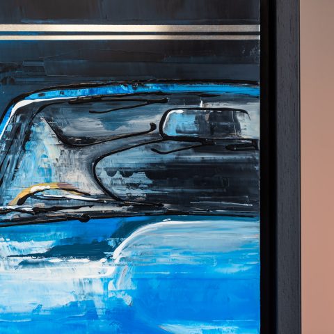 Blue Beauty by Paul Kenton, UK Contemporary artist, an E-Type Jaguar painting from his Motorsports collection
