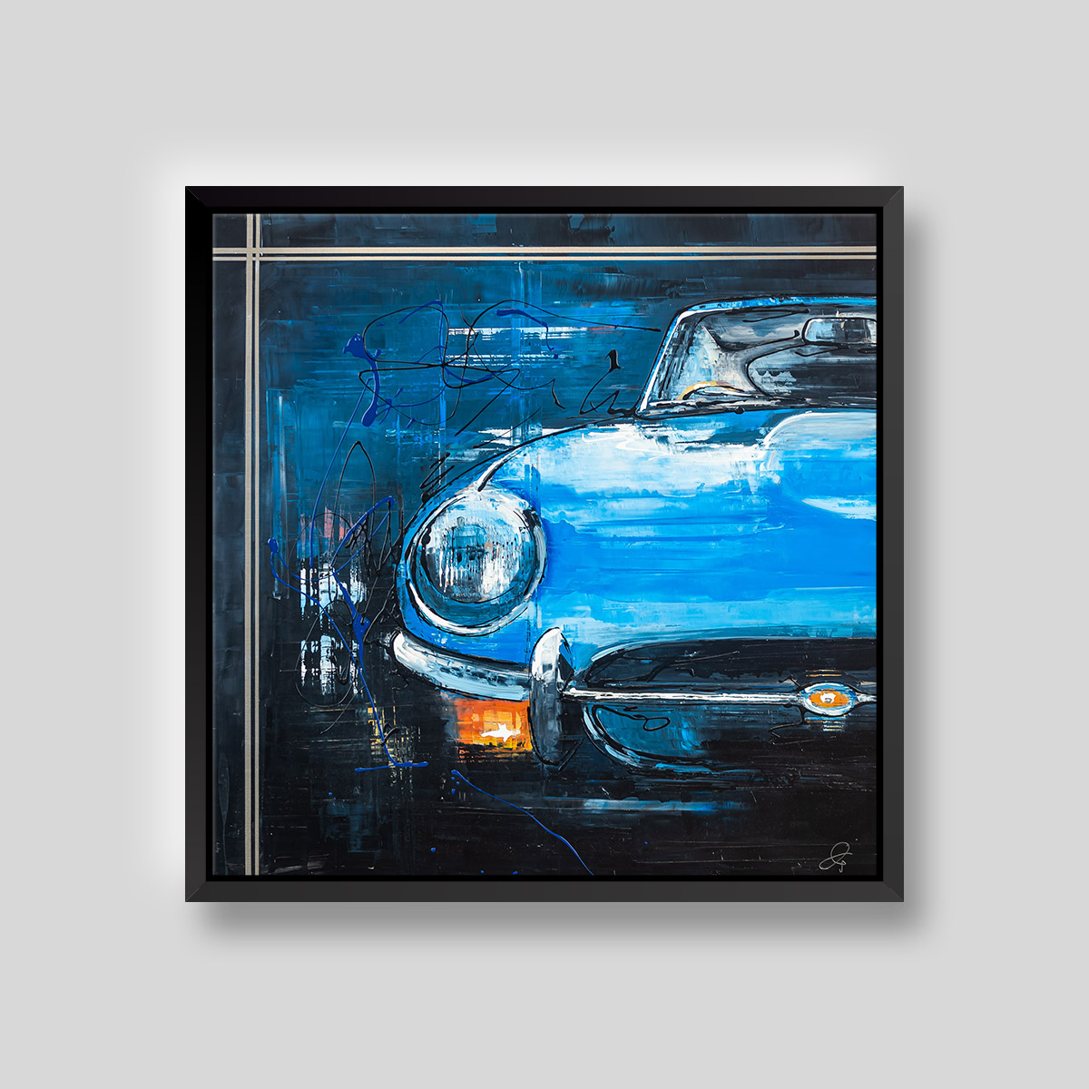 Blue Beauty by Paul Kenton, UK Contemporary artist, an E-Type Jaguar painting from his Motorsports collection
