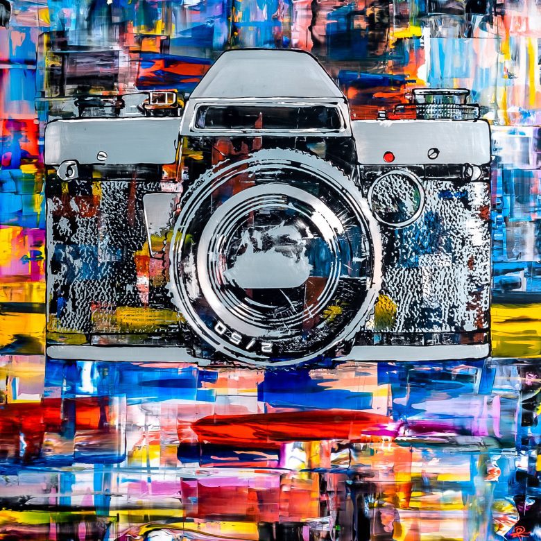 Film Camera by Paul Kenton, UK contemporary artist, an original painting from his Retro Collection