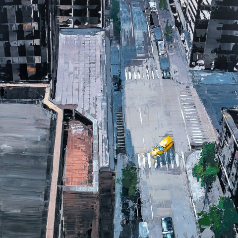 Towering Perspective by Paul Kenton, UK contemporary cityscape artist, an original New York street painting from his New York Collection