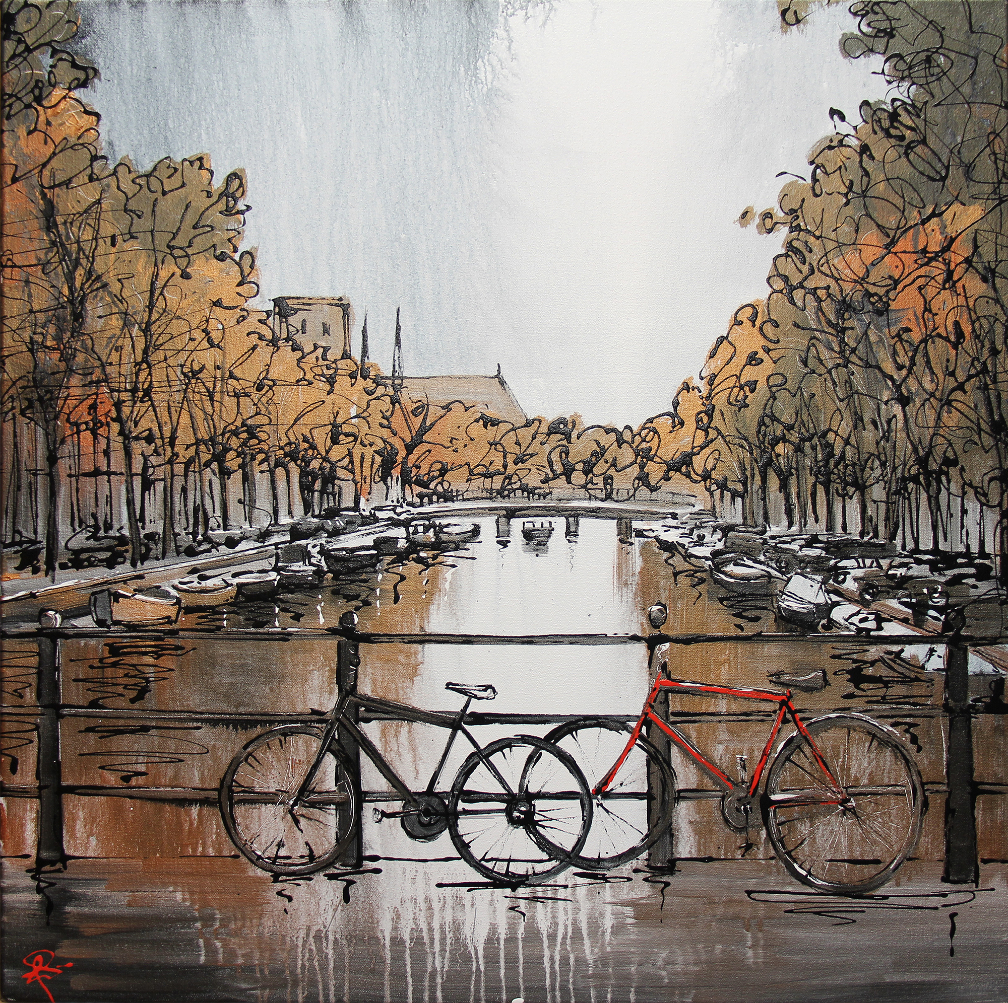 Pedalling Past by Paul Kenton, UK contemporary cityscape artist, an original painting of a canal in Amsterdam with bikes perched up