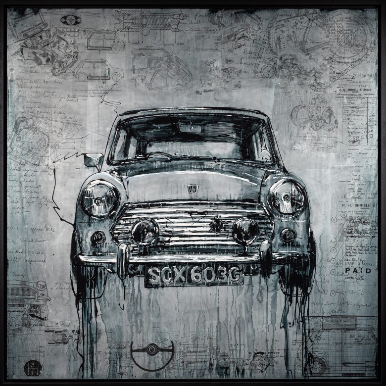 Mini Cooper by Paul Kenton, UK Contemporary artist, a painting from his Motorsports collection
