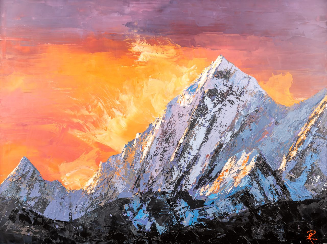 Sunset Summit by Paul Kenton, UK Contemporary artist, a K2 Mountain view original painting from his Oceans and Mountainscapes Art Collection