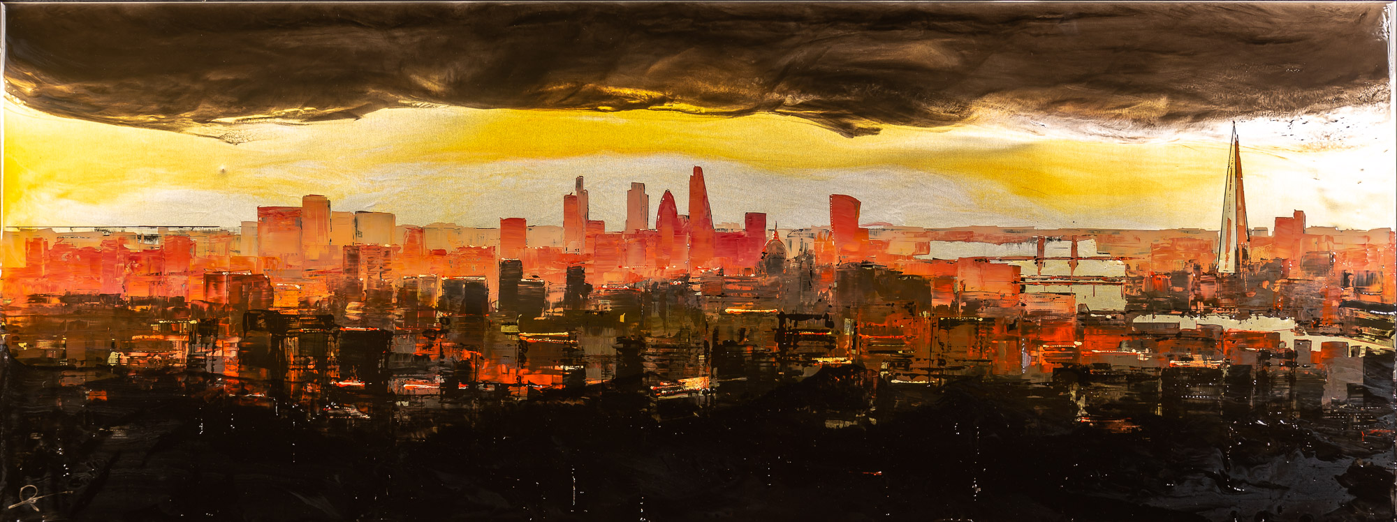 London Radiance by Paul Kenton, UK Contemporary artist, a London Cityscape Resined Mixed Media Original Painting on Aluminium of the London Skyline