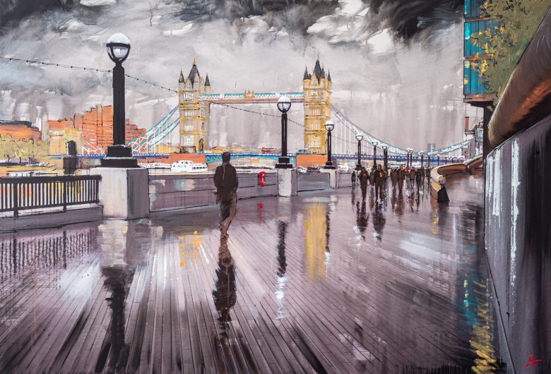 Tower Bridge Glistens by Paul Kenton, UK Contemporary artist, a London River Thames Cityscape original painting from his London Art Collection