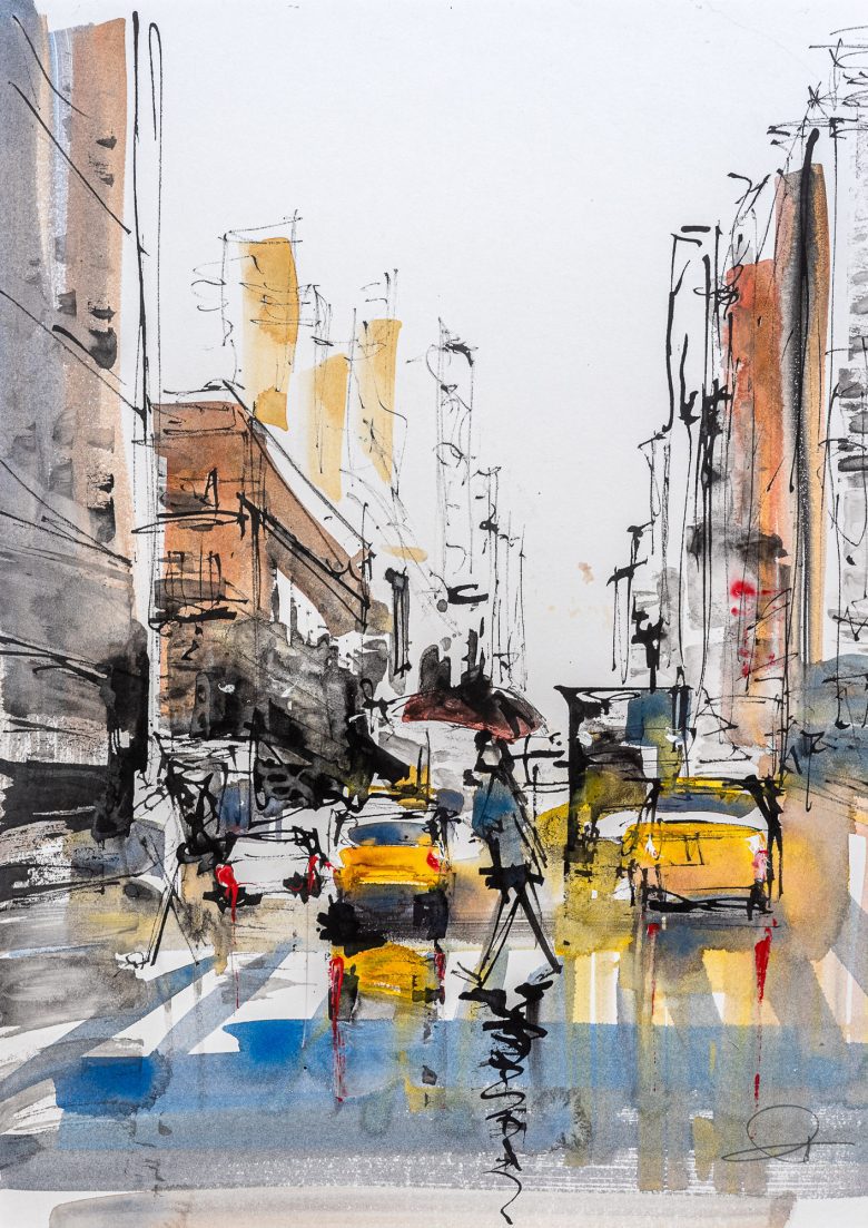 Moving Forward - Original New York Watercolour Painting by UK Cityscape Artist Paul Kenton, from the Watercolour Collection