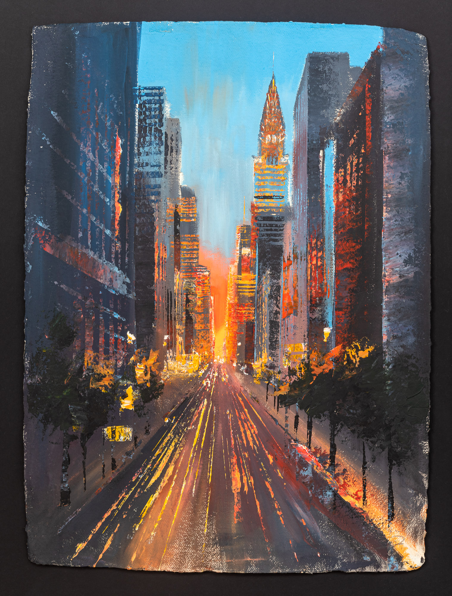 Skyscraper Central - Original Chsysler New York Sunset Painting by UK Contemporary Artist Paul Kenton, from the New York Collection
