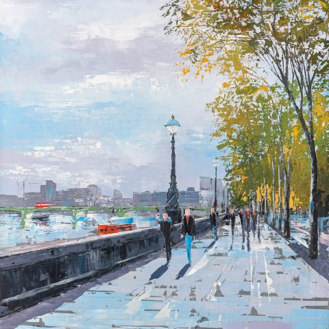 Blue Sky Drinking - Original Southbank London Painting by UK Contemporary Cityscape Artist Paul Kenton, from the London Collection