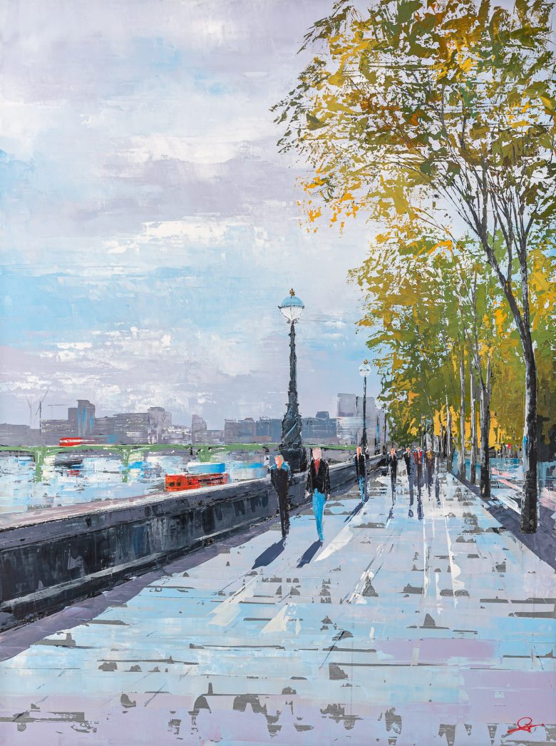Blue Sky Drinking - Original Southbank London Painting by UK Contemporary Cityscape Artist Paul Kenton, from the London Collection