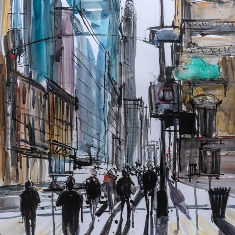 Walking in the Shadows of the Sidewalk - Original Chrysler New York Art Painting by UK Contemporary Artist Paul Kenton, from the Watercolour Collection
