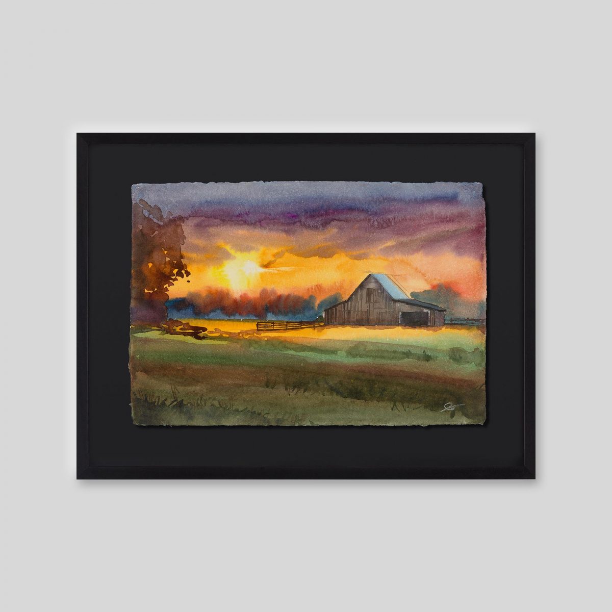 Golden Fields at Dusk - An original ink and watercolour painting by Paul Kenton on handmade Indian paper