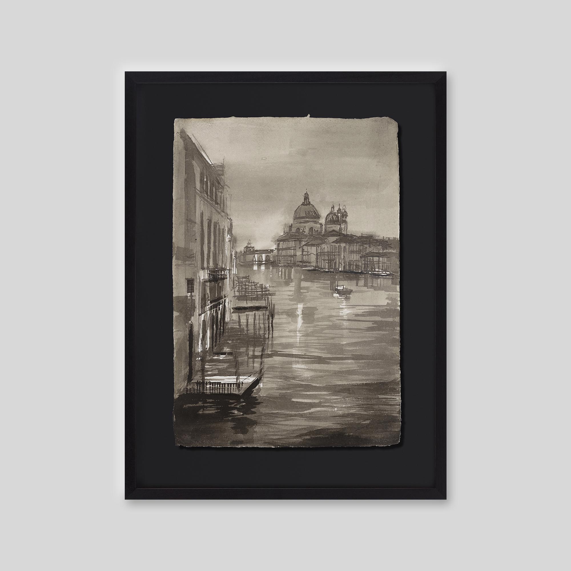 Canal Stillness - An original ink and watercolour painting by Paul Kenton on handmade Indian paper