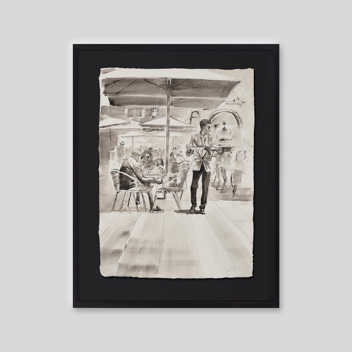 Between the Tables - An original ink and watercolour painting by Paul Kenton on handmade Indian paper