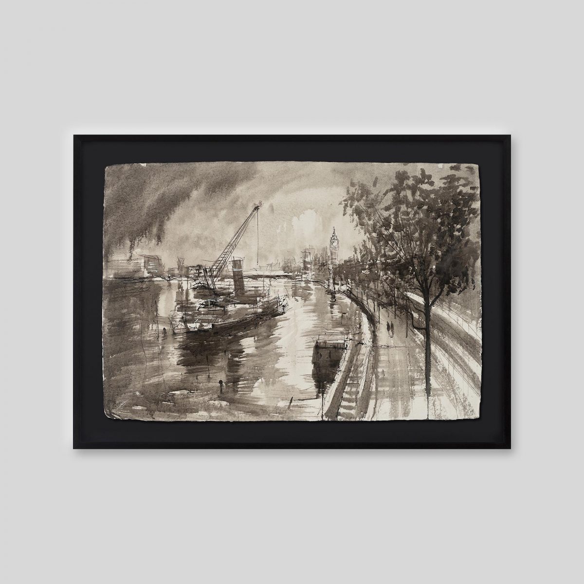 Thames Overcast - An original ink and watercolour painting by Paul Kenton on handmade Indian paper