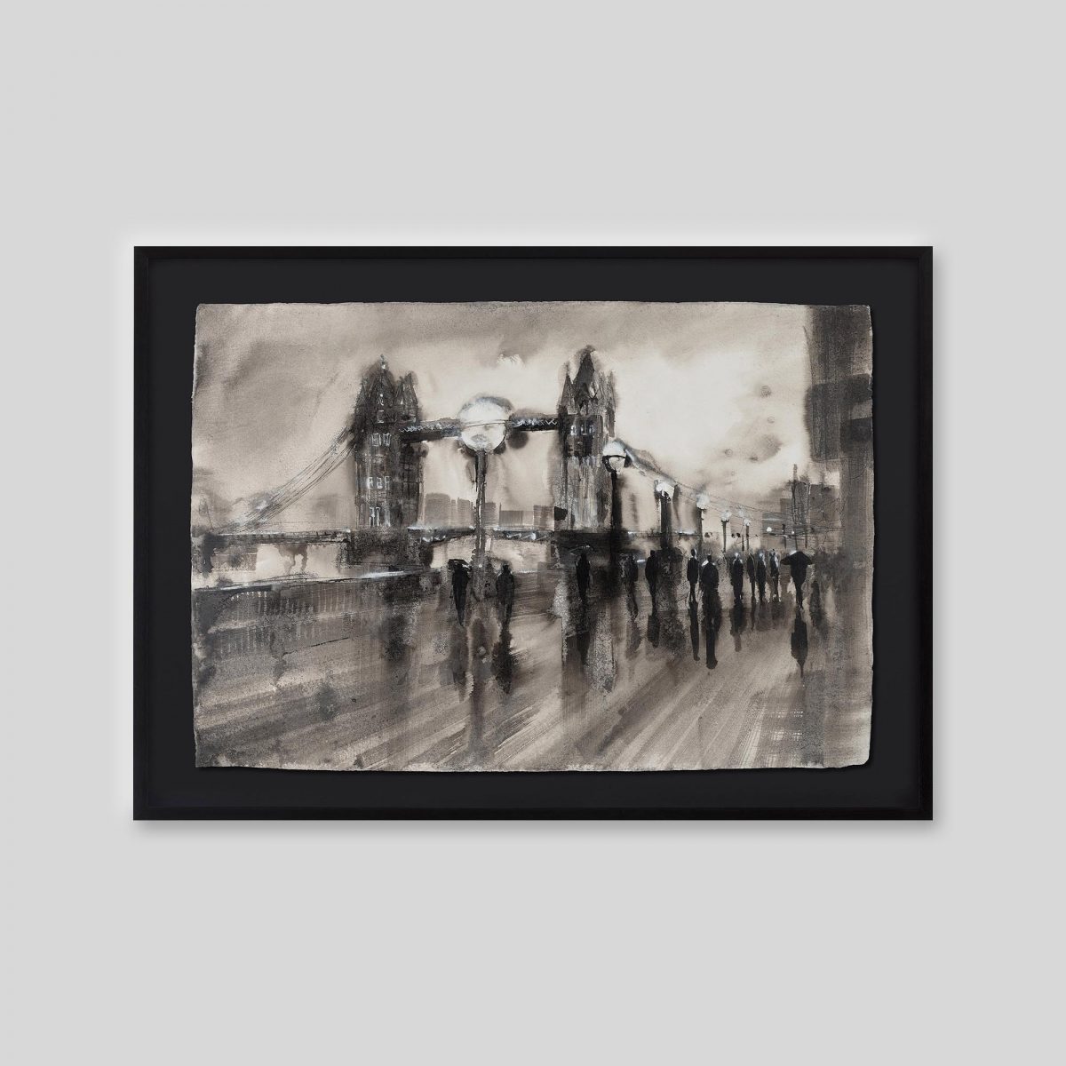 Tower Bridge Downpour - An original ink and watercolour painting by Paul Kenton on handmade Indian paper