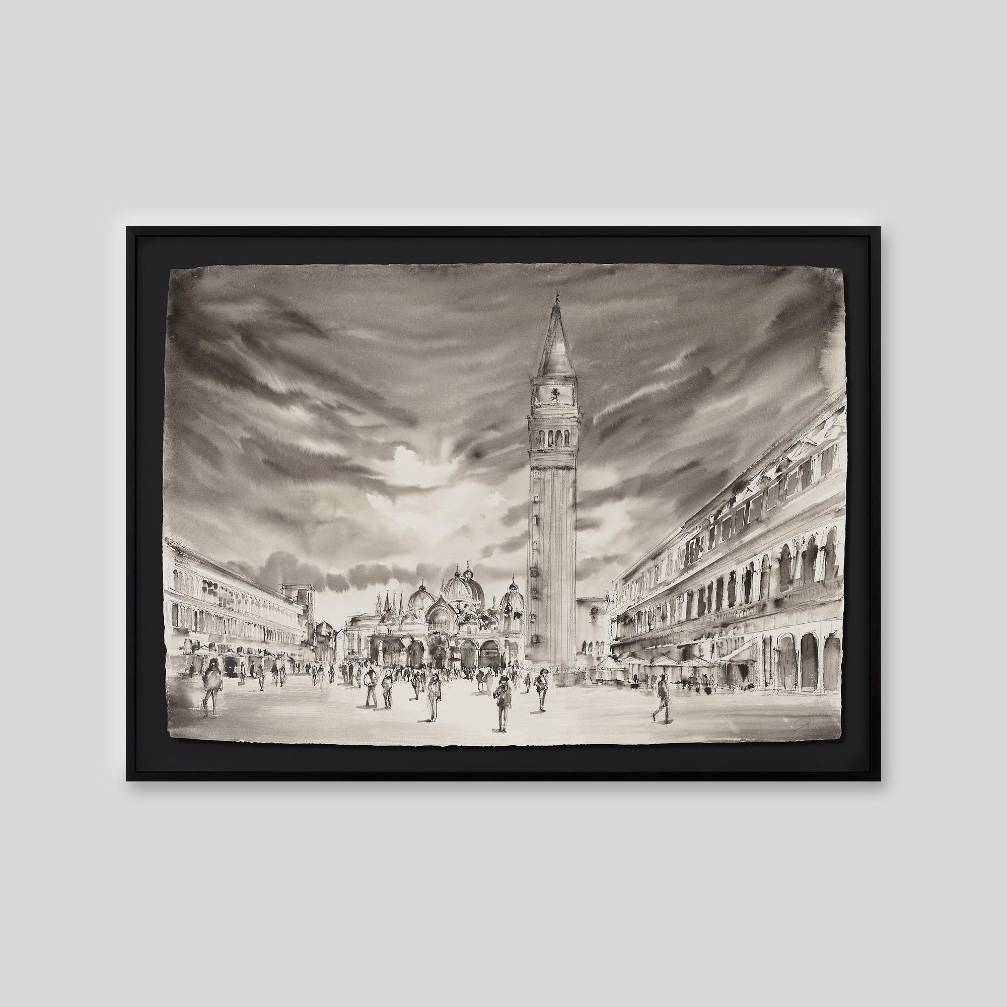 Crowds in the Square - An original ink and watercolour painting by Paul Kenton on handmade Indian paper