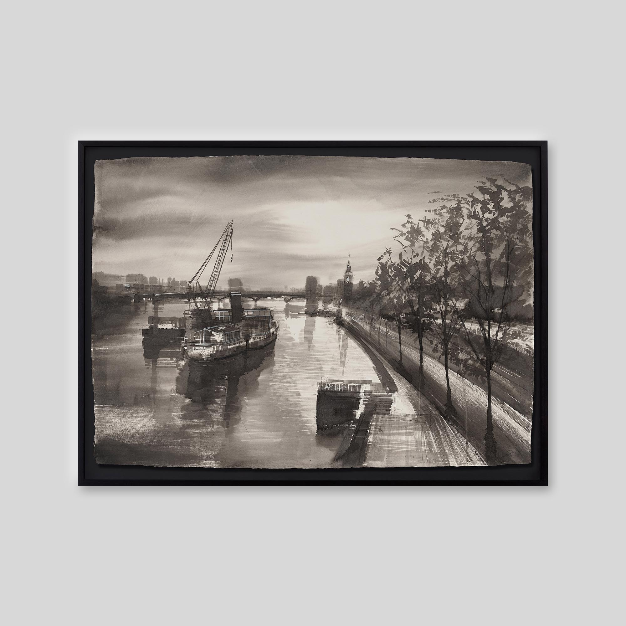 Riverside Light - An original ink and watercolour painting by Paul Kenton on handmade Indian paper