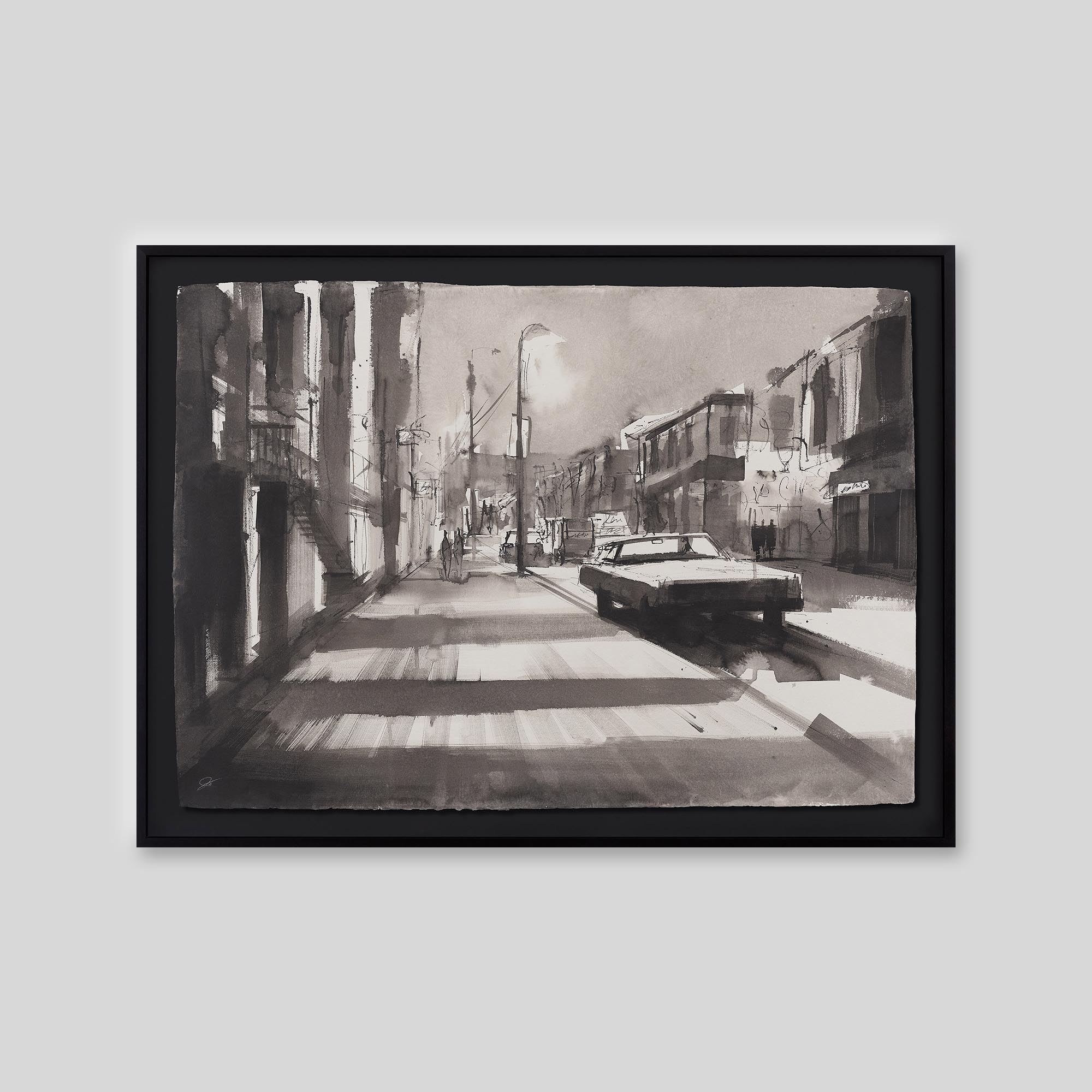 Sidewalk Shadows - An original ink and watercolour painting by Paul Kenton on handmade Indian paper
